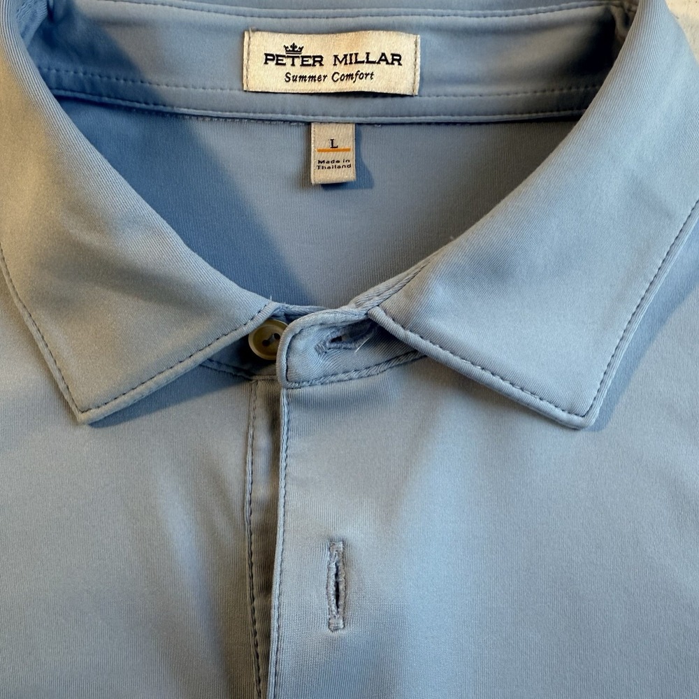 Peter Millar Men's L Summer Comfort Performance Golf Polo Shirt Blue Preppy EUC‎